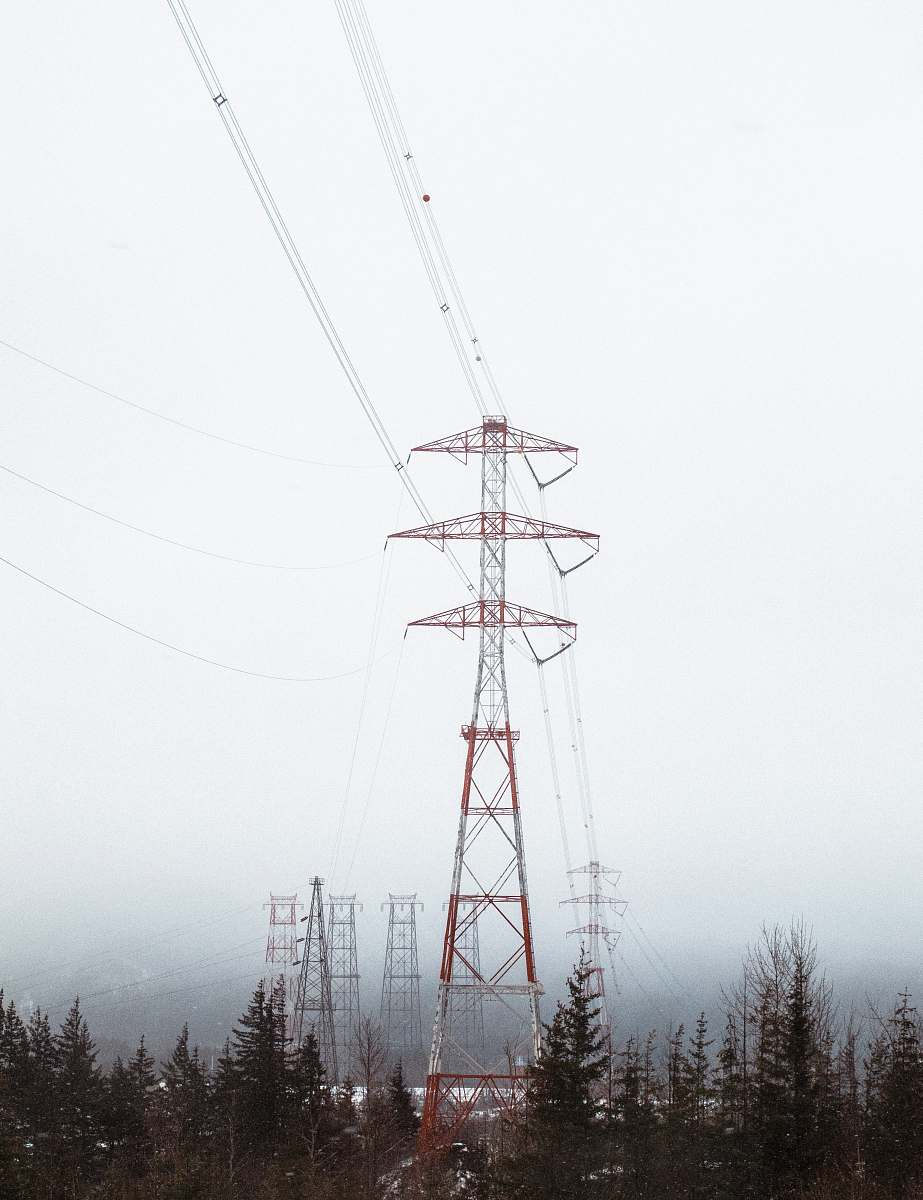 power lines red electric tower surrounded by trees trees